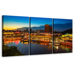 Harbors Canals Canvas Print, Singapore Cloudy Blue Sky Seascape 3 Piece Canvas Wall Art, Yellow Cityscape Reflection Triptych Multi Canvas