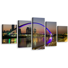 Load image into Gallery viewer, Harbors Canals Wall Art, Blue Tolerance Bridge Water Reflection Canvas Print, Dubai Grey Sky City 5 piece Canvas Set
