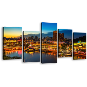Harbors City Canvas Wall Art, Blue Cloudy Sky Night View Canvas Print, Yellow Singapore Cityscape 5 Piece Multi Canvas