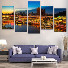 Load image into Gallery viewer, Harbors Canals Canvas Print Singapore Cloudy Blue Sky Seascape  5 Piece Canvas Wall Art Yellow Cityscape Reflection Multi Panel Canvas 
