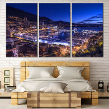 Load image into Gallery viewer, Harbors Canals Canvas Wall Art Blue Sky Monaco City Mountains Multiple Canvas Yellow City Beach Bedoom 3 Piece Canvas Print In Bedroom
