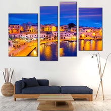 Load image into Gallery viewer, Harbors City Canvas Wall Art Blue Sky Cityscape Canvas Print Cales Fonts Calas Harbor Lights Canvas Set Yellow Balearic Islands 4 Piece Multi Panel Art

