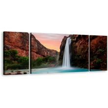 Load image into Gallery viewer, Havasu Falls Canvas Wall Art, Arizona Blue Lake Waterfall 3 Piece Canvas Print, Brown Mountain Havasupai Waterfall Triptych Multi Canvas
