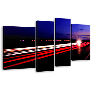 Highway Lights Canvas Print, Blue Sky Moving Traffic 4 Piece Canvas Wall Art, Moving Cars Red Light Trails Canvas Set