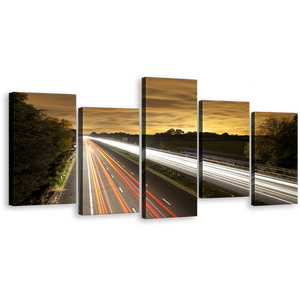Highway Traffic Canvas Wall Art, Beautiful Yellow Sky Canvas Print, Motorway Bridge Canvas Set, White Light Trail 5 Piece Multi Canvas Artwork