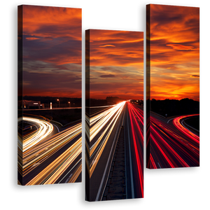 Highway Traffic Wall Art, Orange Sunset City Moving Car Canvas Print, Red Light Trails 3 Piece Multi Canvas