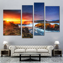 Load image into Gallery viewer, Hodafoss Waterfall Canvas Print Yellow Sunshine Starry Sky 4 Piece Canvas Wall Art White North Iceland Waterfall  Canvas Artwork 

