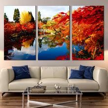 Load image into Gallery viewer, Hojo Pond blossom river trees Kytoto japan 3 piece canvas print In Living Room

