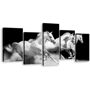 Horses Herd Canvas Print. Running White Grey Horses Stallions Canvas Set, Galloping Horses 5 Piece Canvas Wall Art