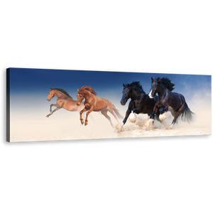Horses Herd Wall Art, Amazing Stallions Panoramic Canvas Print, Running Black Brown Horses Galloping Canvas Set