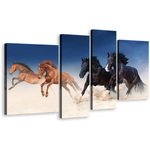 Horses Stallions Canvas Print, Running Black Brown Horses Herd Multiple Canvas, Animal Galloping 4 Piece Wall Art