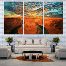 Load image into Gallery viewer, Horseshoe Bend Canvas Print Arizona Brown Desert 3 Piece Multi Canvas Artwork Cloudy Green Sky Colorado River Canvas Wall Art In Living room
