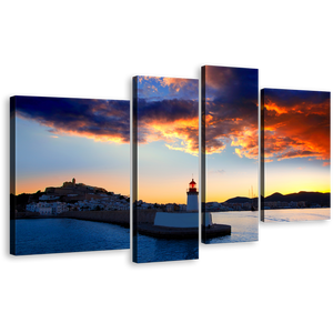 Ibiza Lighthouse Canvas Wall Art, Balearics Island Harbor At Yellow Sunset 4 Piece Canvas, Blue Light Beacon Twilight Canvas Print