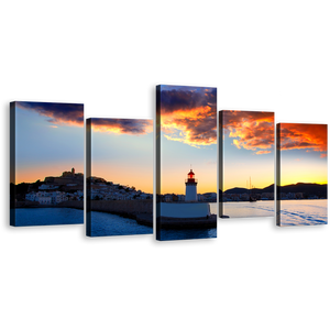 Ibiza Lighthouse Canvas Wall Art, Blue Light Beacon Twilight 5 Piece Canvas Print, Balearics Island Harbor At Yellow Sunset Canvas Set
