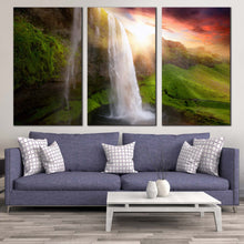 Load image into Gallery viewer, Iceland Waterfalls Canvas WallArt White Seljalandsfoss Waterfalls 3 Piece Canvas Print Green Iceland Scenery Multiple Canvas Yellow Sunset Landscape Canvas Set In Living Room
