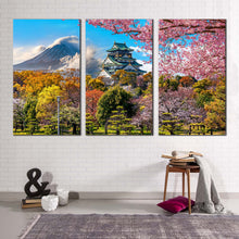 Load image into Gallery viewer, Japan Castle Canvas Wall Art Osaka Castle Cherry Blossom Trees 3 Piece Canvas Print Colorful Fuji Mountain Scenery Multi Canvas
