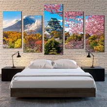 Load image into Gallery viewer, Japan Castle Canvas Wall Art Osaka Castle Cherry Blossom Trees 5 Piece Canvas Print Colorful Fuji Mountain Scenery Multi Canvas For Bedroom

