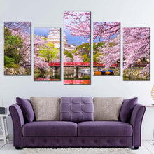 Load image into Gallery viewer, Japan Nature Canvas Print Himeji Castle 5 Piece Canvas WallArt Colorful Cherry Blossom Trees Scenery Multi Canvas Artwork For Living Room
