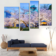Load image into Gallery viewer, Japanese Castle Canvas Print Japan Purple Blossom Trees Multi Canvas Blue Osaka Castle  4 Piece Canvas Wall Art 

