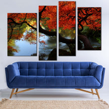 Load image into Gallery viewer, Japanese Garden Canvas Wall Art Green Trees River Reflection Canvas Print Red Maple Kubota Garden 4 Piece Multiple Canvas 

