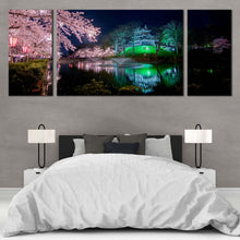 Load image into Gallery viewer, Joetus  City  Canvas  Print  Green  Takada  Park  River  Reflection    3  Piece  CanvasWall  Art  Takada  Castle  Pink  Sakura  Trees  Triptych  Multi  Canvas  Artwork For Bedroom
