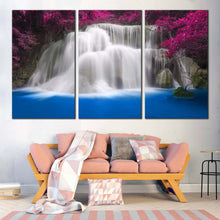Load image into Gallery viewer, Kanchanaburi Thailand Canvas Wall Art Huay Mae Khamin Blue Water  3 Piece Canvas Print Purple Trees Waterfall Scenery Multi Panel Canvas For Living room
