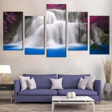 Load image into Gallery viewer, Kanchanaburi Waterfall Canvas Wall Art Thailand Purple Trees Waterfall  5 Piece Canvas Set Huay Mae Khamin Blue Water Canvas Print

