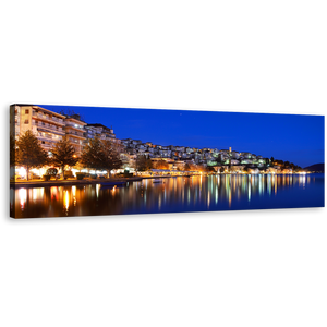 Kastoria City Canvas Wall Art, Yellow Houses City Reflection Sea Wall Art, Greece Blue Sky Cityscape 1 Piece Canvas Art
