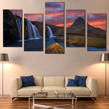 Load image into Gallery viewer, Kirkjufell Mountains Canvas Wall Art Waterfall Iceland At Orange Sunrise  5 Piece Canvas Set Kirkjufellsfoss Waterfall Green Rocks Canvas Print 

