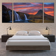 Load image into Gallery viewer, Kirkjufell  Mountains  Canvas  Wall  Art  Waterfall  Iceland  At  Orange  Sunrise  Triptych  Canvas  Set  Kirkjufellsfoss  Waterfall  Green  Rocks    3  Piece  Canvas  Print For Bedroom
