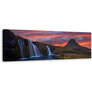 Kirkjufellsfoss Waterfall Canvas Print, Dramatic Orange Cloudy Sunrise Sky 1 Piece Canvas Wall Art, Green Kirkjufell Mountains Panoramic Canvas Artwork