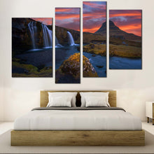 Load image into Gallery viewer, Kirkjufellsfoss Waterfall Canvas Print Dramatic Orange Cloudy Sunrise Sky  4 Piece Canvas Wall Art Green Kirkjufell Mountains Canvas Panel Artwork 

