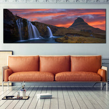 Load image into Gallery viewer, Kirkjufellsfoss  Waterfall  Canvas  Print  Dramatic  Orange  Cloudy  Sunrise  Sky  Living  Room  1  Piece  Canvas  Wall  Art  Green  Kirkjufell  Mountains  Canvas  Artwork In Living Room
