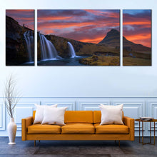 Load image into Gallery viewer, Kirkjufellsfoss  Waterfall  Canvas  Print  Dramatic  Orange  Cloudy  Sunrise  Sky    3  Piece  Canvas  Wall  Art  Green  Kirkjufell  Mountains  Multi  Canvas  Artwork In Living Room
