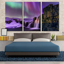 Load image into Gallery viewer, Kirkjufellsfoss Waterfall Triptych Wall Art Iceland Amazing Northern Lights At Night 3 Piece decor For Bedroom
