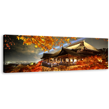 Load image into Gallery viewer, Kiyomizu Dera Canvas Print, Beautiful Red Kyoto Japan Temple Panoramic Canvas Wall Art, Evening Grey Sky Maple Tree Canvas Artwork
