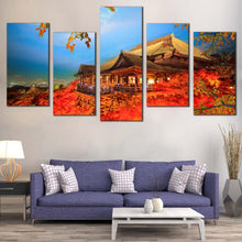 Load image into Gallery viewer, Kiyomizu Dera Canvas Wall Art Blue Sky Kyoto Japan Temple  5 Piece Multi Canvas Red Maple Tree Canvas Print 
