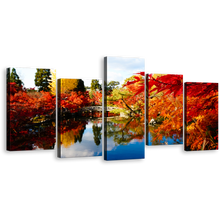 Load image into Gallery viewer, Kyoto Japan Canvas Wall Art, Red Fall Foliage Hojo Pond Canvas Set, Autumn Illumination Blue Sky 5 Piece Multi Canvas, Beautiful Blossom Eikando Temple Canvas Print
