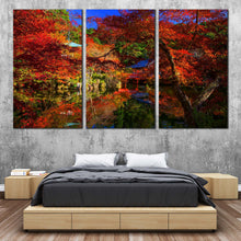 Load image into Gallery viewer, Kyoto Japan Canvas Print Red Green Trees Scenery Triptych Canvas Set Daigoji Temple Park River Reflection  3 Piece Canvas Wall Art For Bedroom
