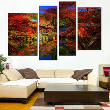 Load image into Gallery viewer, Kyoto Scenery Canvas Wall Art Japan Blue Sky Daigoji Temple Canvas Print Red Trees Park River Reflection  4 Piece Canvas 
