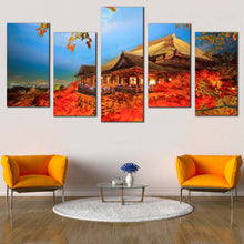 Load image into Gallery viewer, Kyoto Temples Canvas Wall Art Evening Blue Sky Maple Tree Canvas Print Japan Red Kiyomizu Dera  5 Piece Canvas Set
