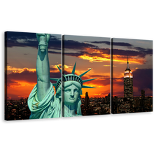 Load image into Gallery viewer, Lady Liberty Canvas Print, Green Statue of Liberty 3 Piece Canvas Wall Art, Orange New York City Twilight Triptych Canvas Set

