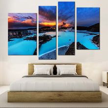 Load image into Gallery viewer, Lagoon Iceland Canvas Wall Art Dramatic Yellow Orange Sunset Sky  4 Piece Canvas Print 
