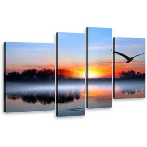 Lake Sunset Canvas Wall Art, Orange Sunset Flying Bird 4 Piece Canvas, Birds Silhouettes Canvas Set, Blue Sky Trees Reflection Canvas Print