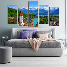Load image into Gallery viewer, Lake Thun Canvas Wall Art Switzerland White Snow Covered Mountain 5 Piece Canvas Print Green Trees Mountain Landscape Scenery Canvas Set For Bedroom
