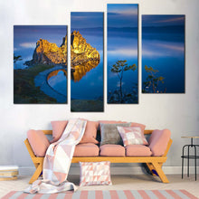 Load image into Gallery viewer, Lake Baikal Canvas Wall Art Blue Beach Ocean Mountains 4 Piece Multi Canvas Yellow Shaman Mountain Cliff Landscape Canvas Print For Living Room
