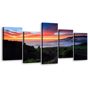 Landscape Sunset Canvas Wall Art, Europe Yellow Cloudy Sunset Mountains Canvas Print, Green La Palma Spain Landscape 5 Piece Canvas