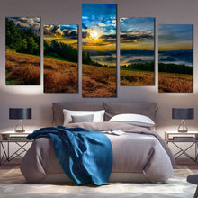 Load image into Gallery viewer, Landscape Horizon Canvas Wall Art Cloudy Yellow Sunrise Landscape Valley Canvas Print Green Trees Mountain Scenery  5 Piece Canvas In Bedroom
