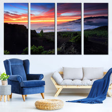 Load image into Gallery viewer, Landscape Sunset Canvas Wall Art Europe Yellow Cloudy Sunset Mountains Canvas Print Green La Palma Spain Landscape  4 Piece Canvas In Living room
