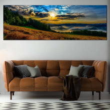 Load image into Gallery viewer, Landscape  Valley  Canvas  Wall  Art  Dramatic  Yellow  Cloudy  Sunrise  Sky  Multi  Canvas  Green  Trees  Mountain  Scenery  Multi  Canvas  Hills  Landscape  Horizon 1 Piece  Canvas  Print In Living Room
